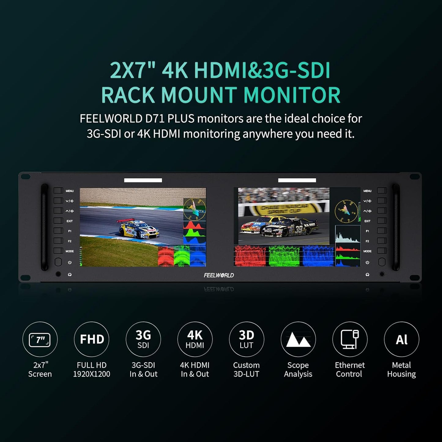 FEELWORLD D71 PLUS Dual 7" 3RU Broadcast Monitor