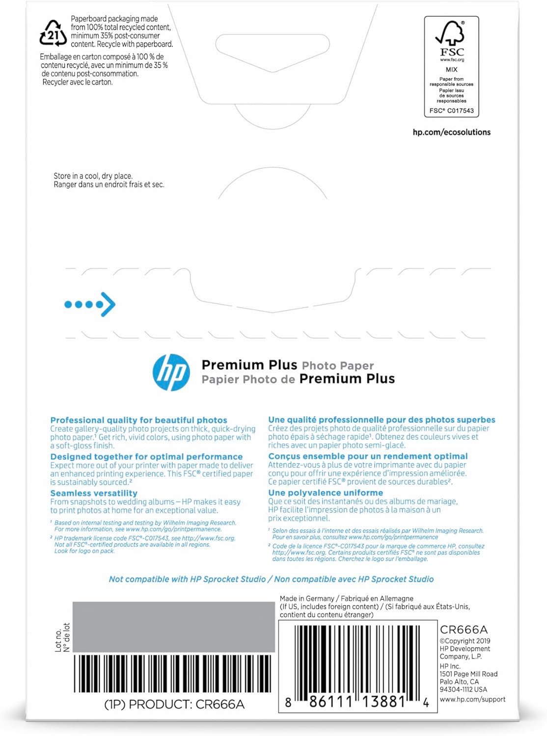 HP CR666A Premium Plus 4x6 Photo Paper, Satin, 100 Sheets