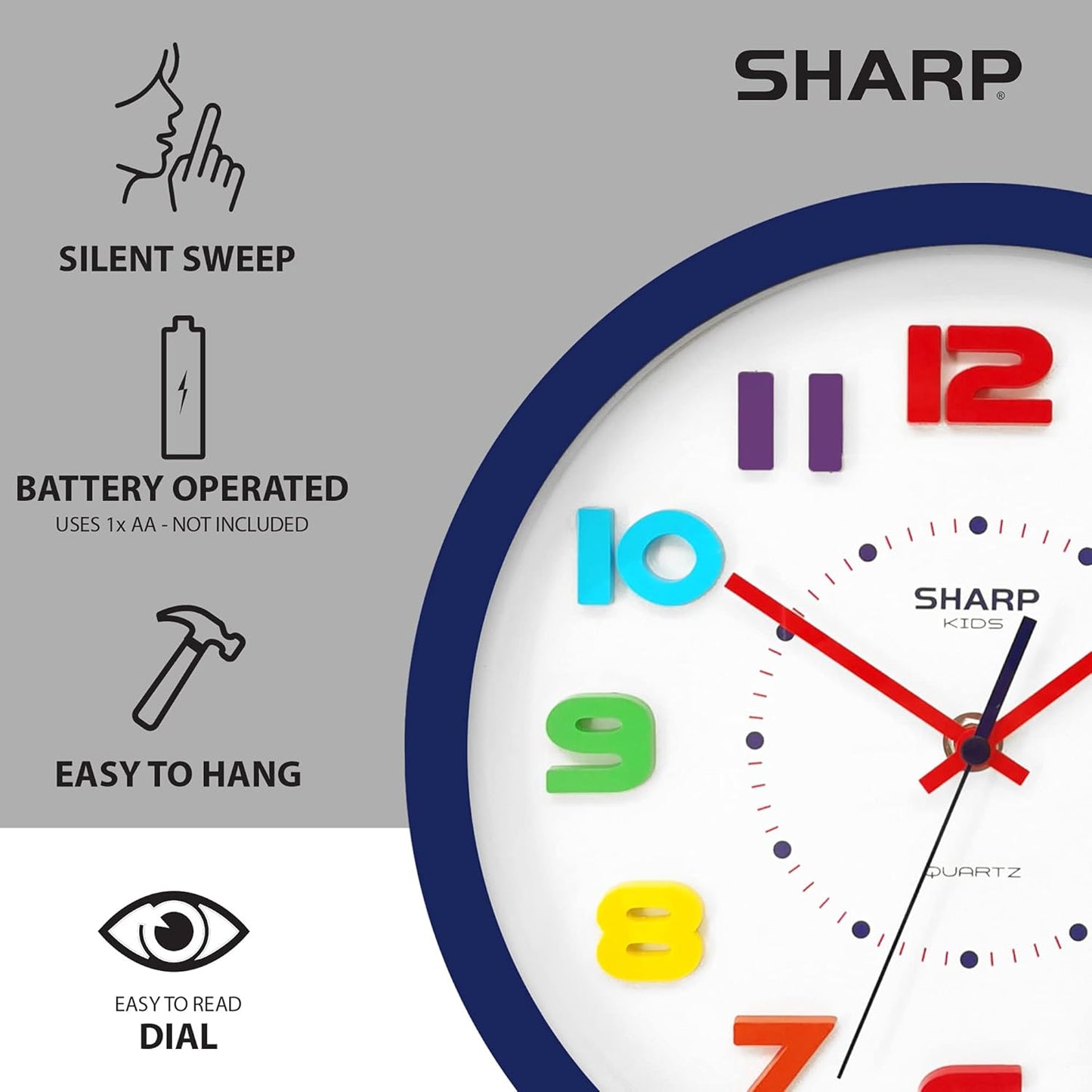 Sharp Colorful Kids Wall Clock 10-Inch Silent