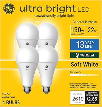 GE 93130657 150W EQ A21 LED Bulb Soft White 4-Pack Dimmable