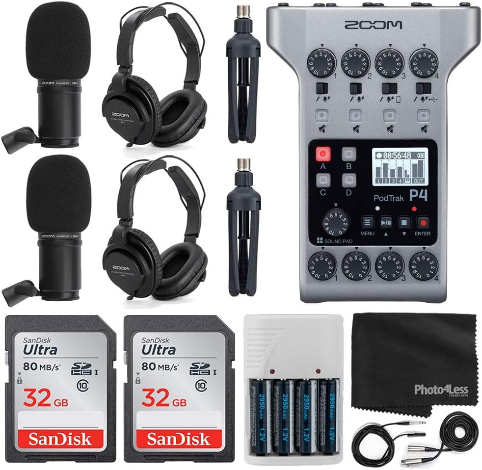 Zoom PodTrak P4 Podcast Recorder Bundle with Mics and Accessories