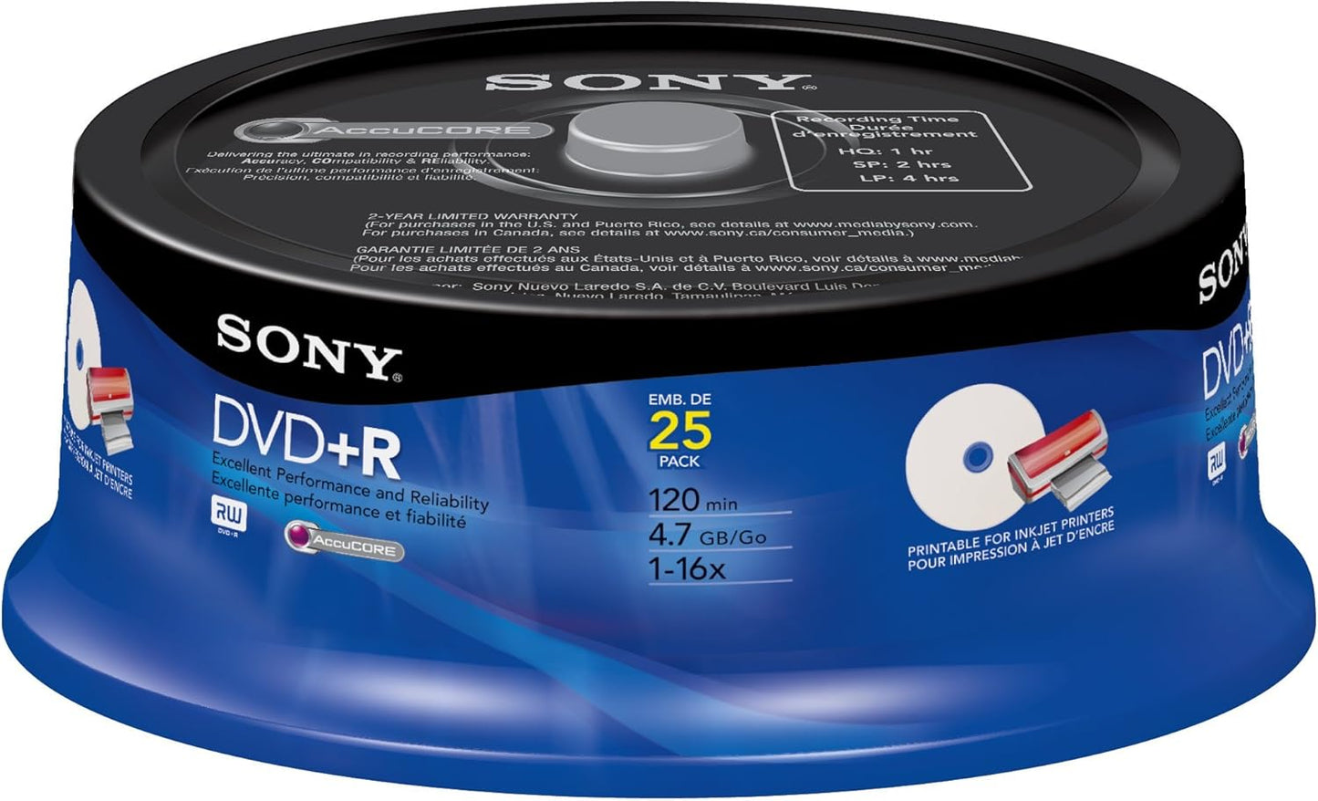Sony 25DPR47PP DVD+R Inkjet Printable Recordable Discs (25-Disc Spindle)