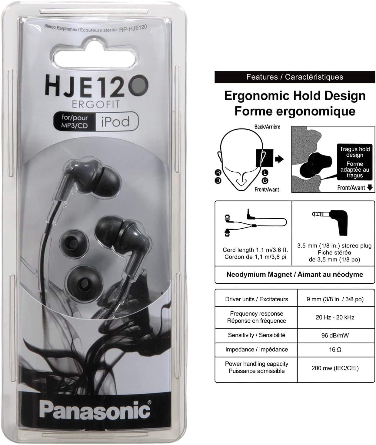 Panasonic RP-HJE120-K ErgoFit In-Ear Wired Earbuds