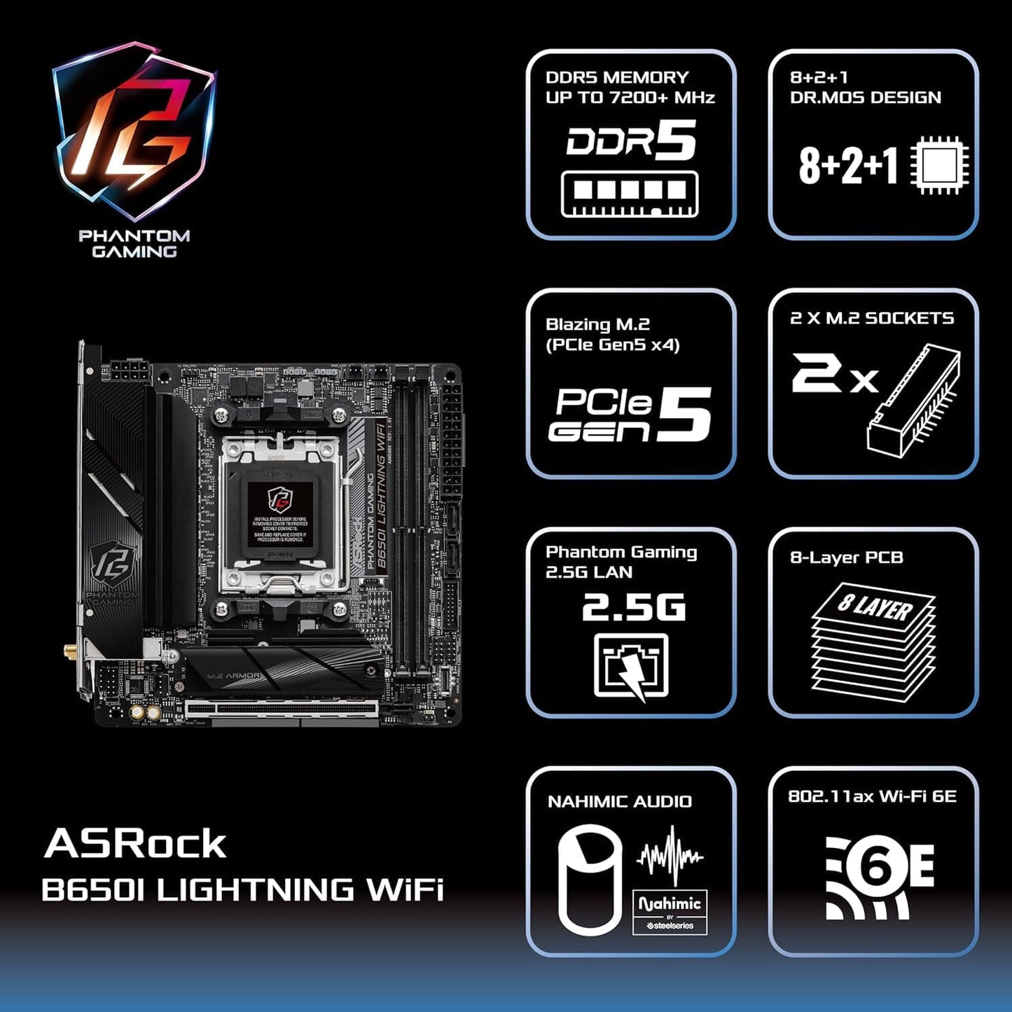 ASRock 90-MXBMP0-A0UAYZ B650I Lightning WiFi Mini-ITX Motherboard