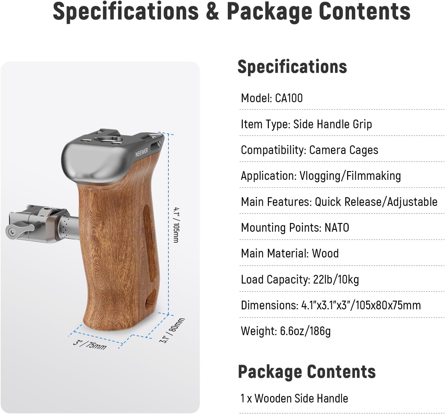 Neewer 10104266 Wooden Camera Side Handle Grip NATO Clamp