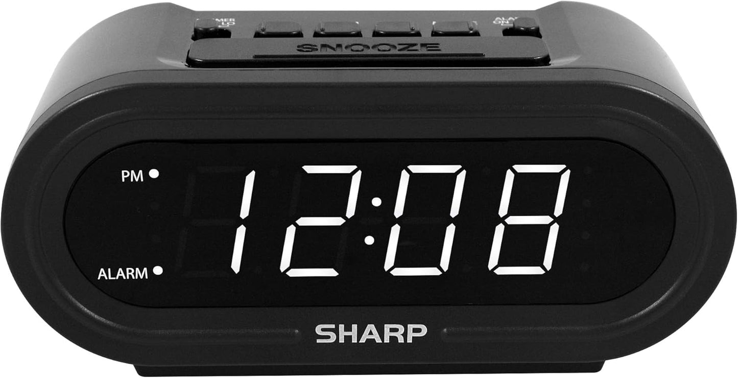 Sharp Digital Alarm AccuSet Clock - Midnight Black, White LED