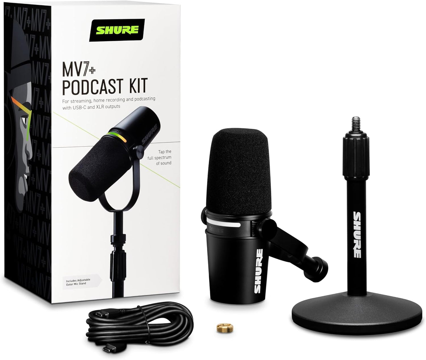 Shure MV7+-K-BNDL Podcast Microphone Bundle - USB/XLR, Stand, Black