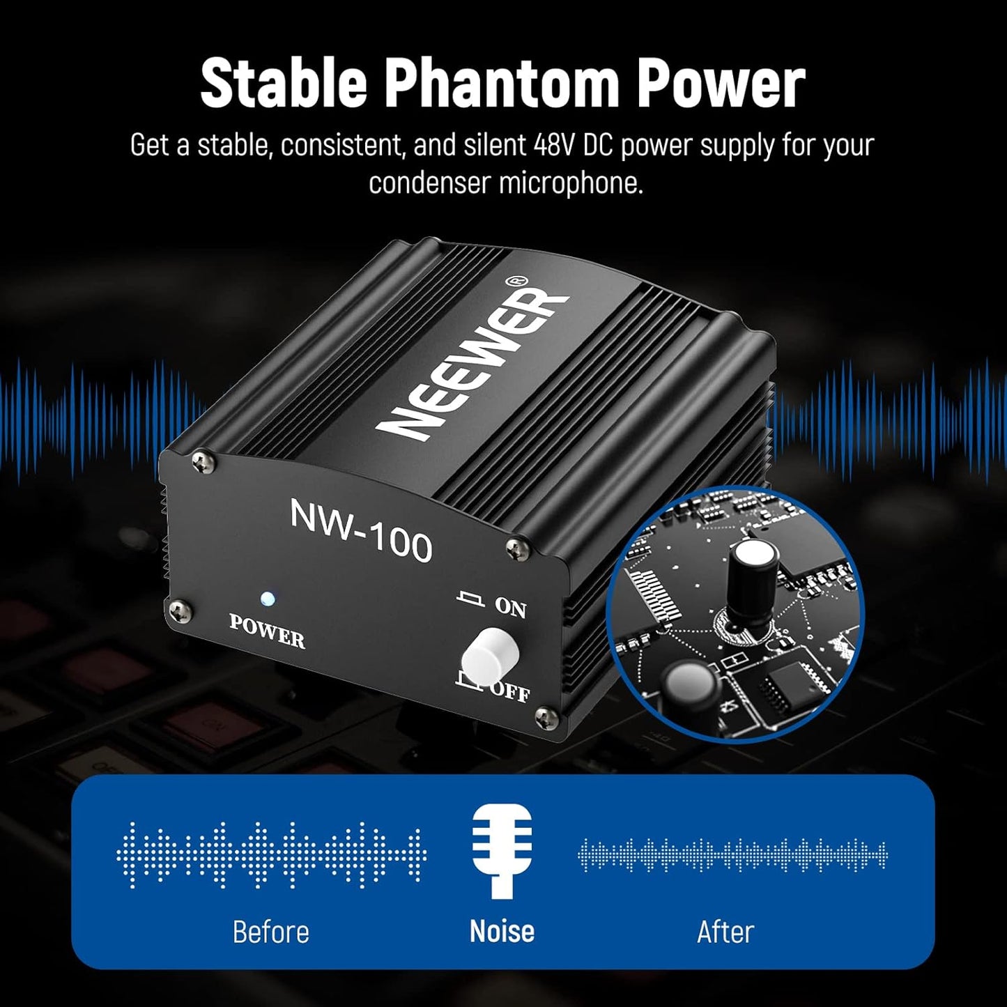 Neewer 40085860 48V Phantom Power Supply + XLR Cable for Condenser Microphones