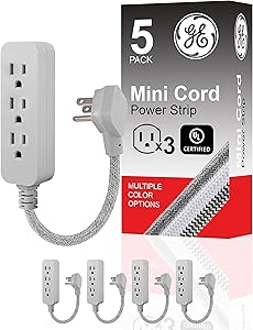 GE 53244 Pro Mini Power Strip: 3-Outlet, Braided Cord, 5-Pack