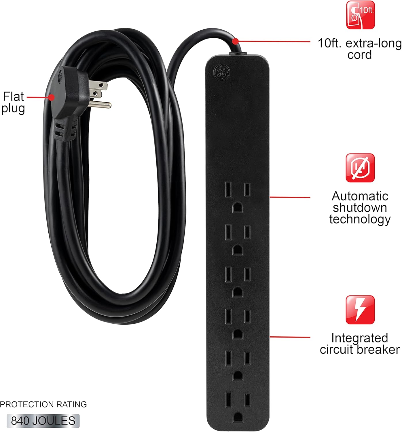 GE 62934 6-Outlet Surge Protector, 10ft Cord, 840 Joules
