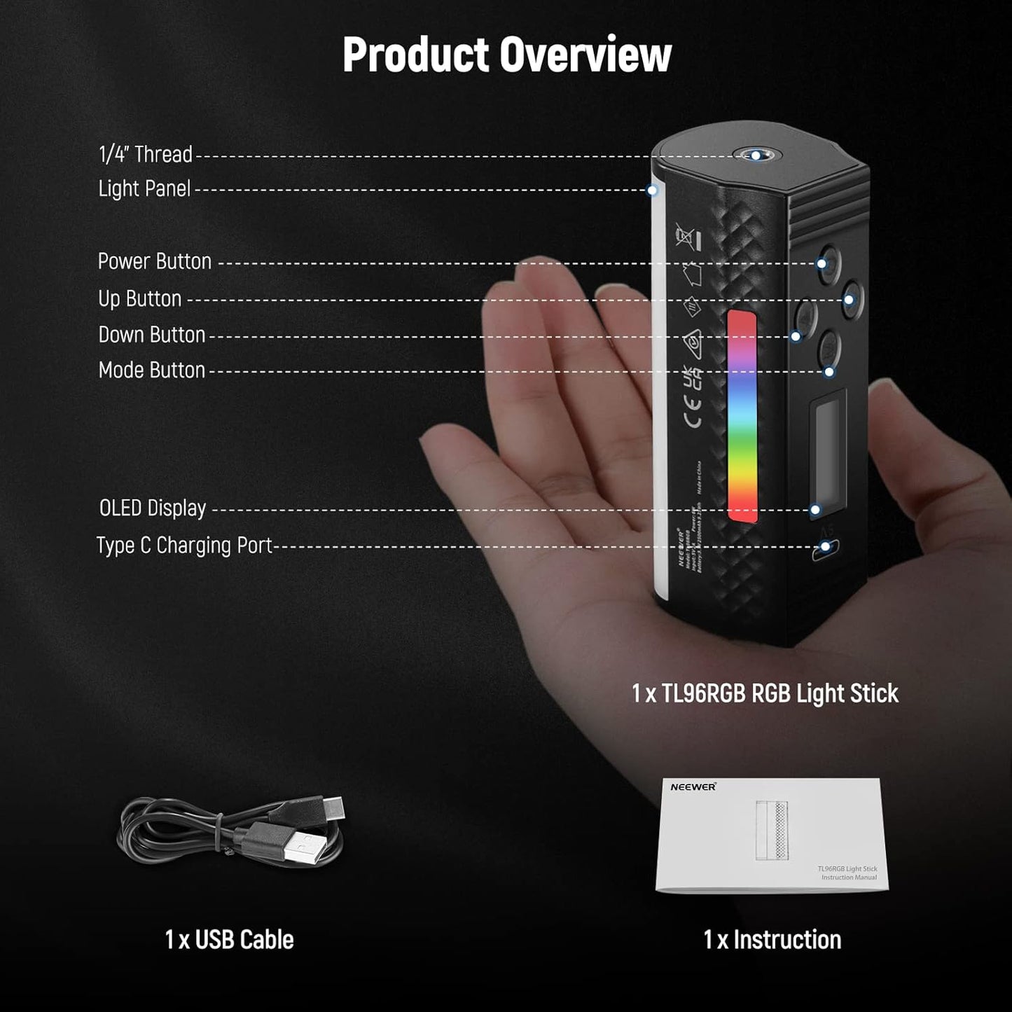 Neewer TL96RGB Handheld RGB LED Video Light Wand Magnetic