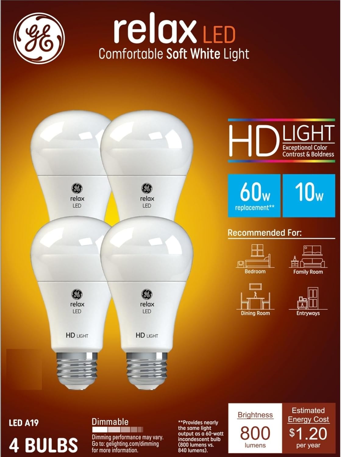 GE 42977 Relax LED 60W Soft White A19 4-Pack