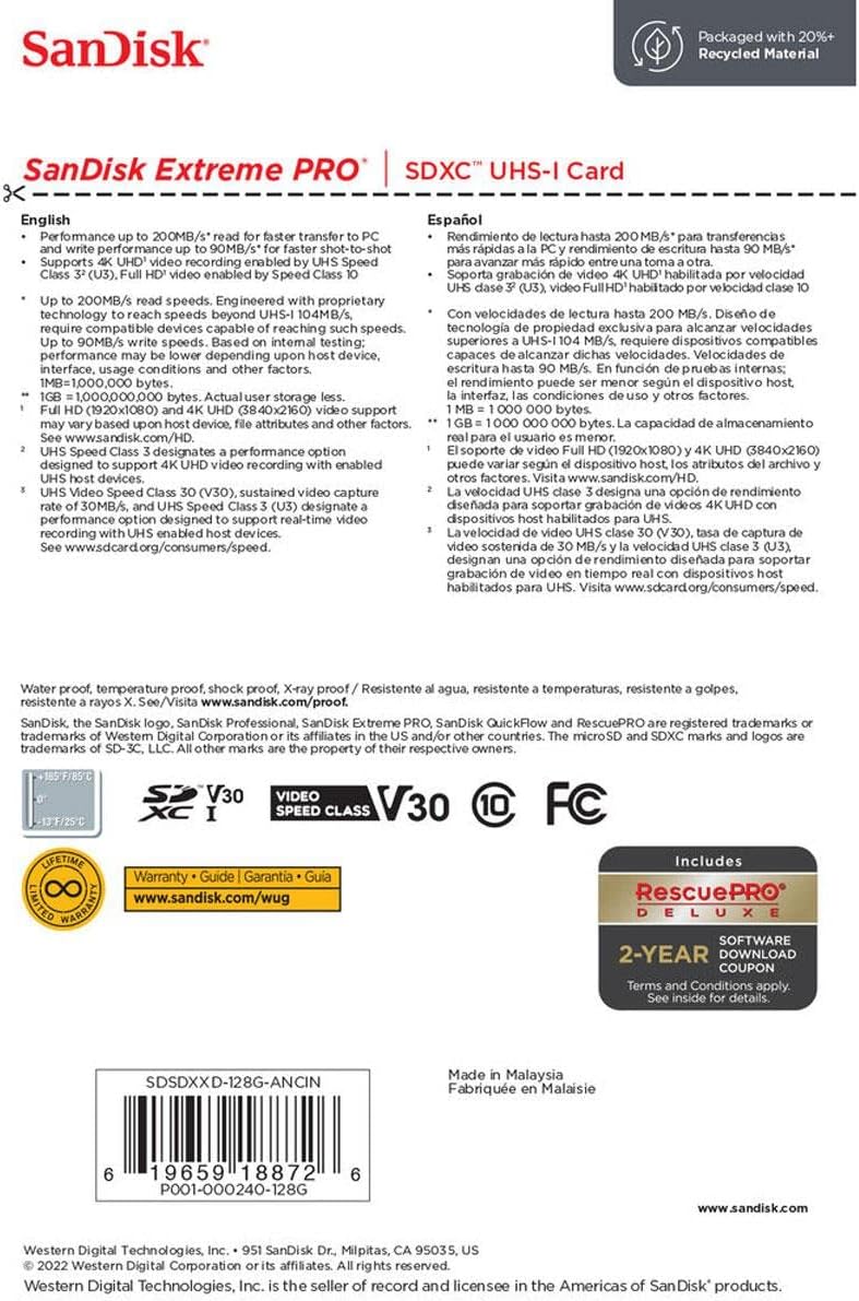 SanDisk Extreme PRO 128GB UHS-I SDXC Memory Card - V30