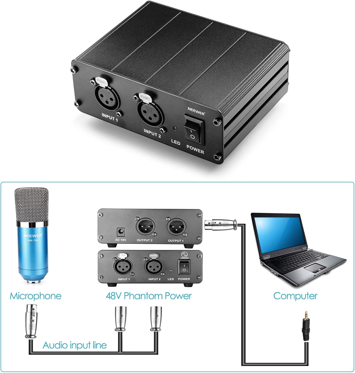 Neewer 40087548 2-Channel 48V Phantom Power Supply