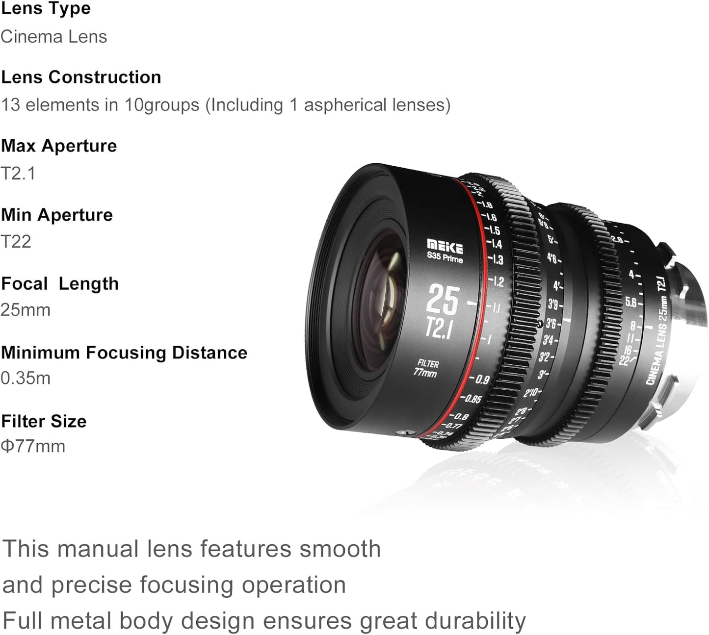 Meike 25mm T2.1 S35 Wide Angle Prime Cinema Lens