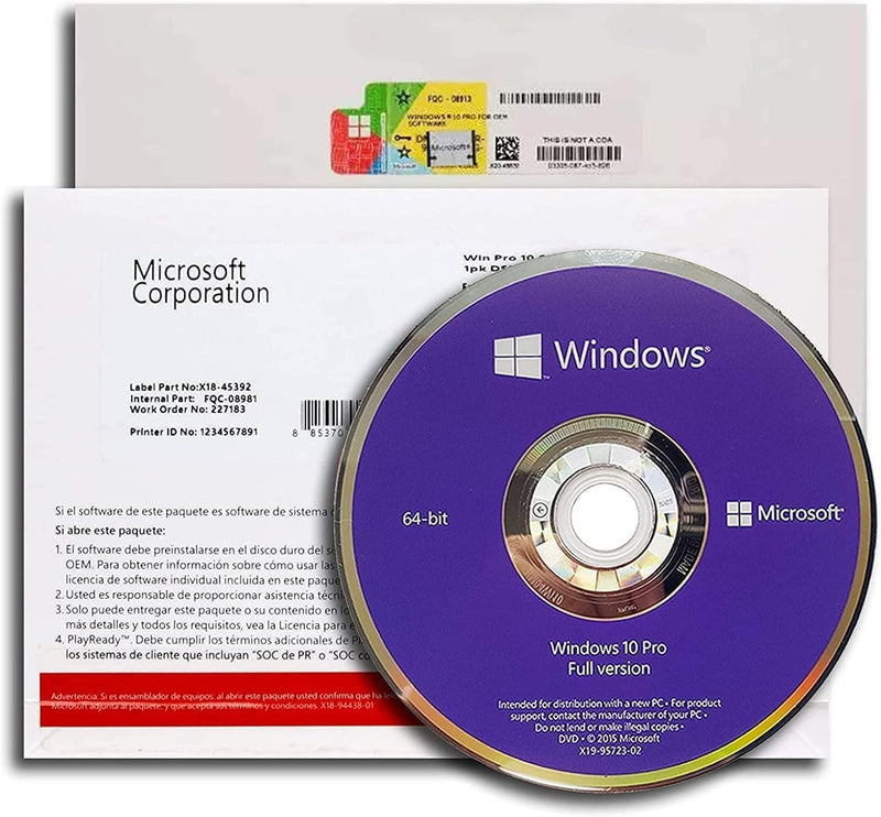 Microsoft FQC-08929 Windows 10 Pro 64-bit OEM DVD — main product image