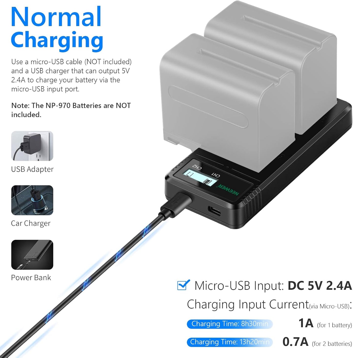 Neewer 10100251 Dual USB Charger for Sony NP-F Batteries