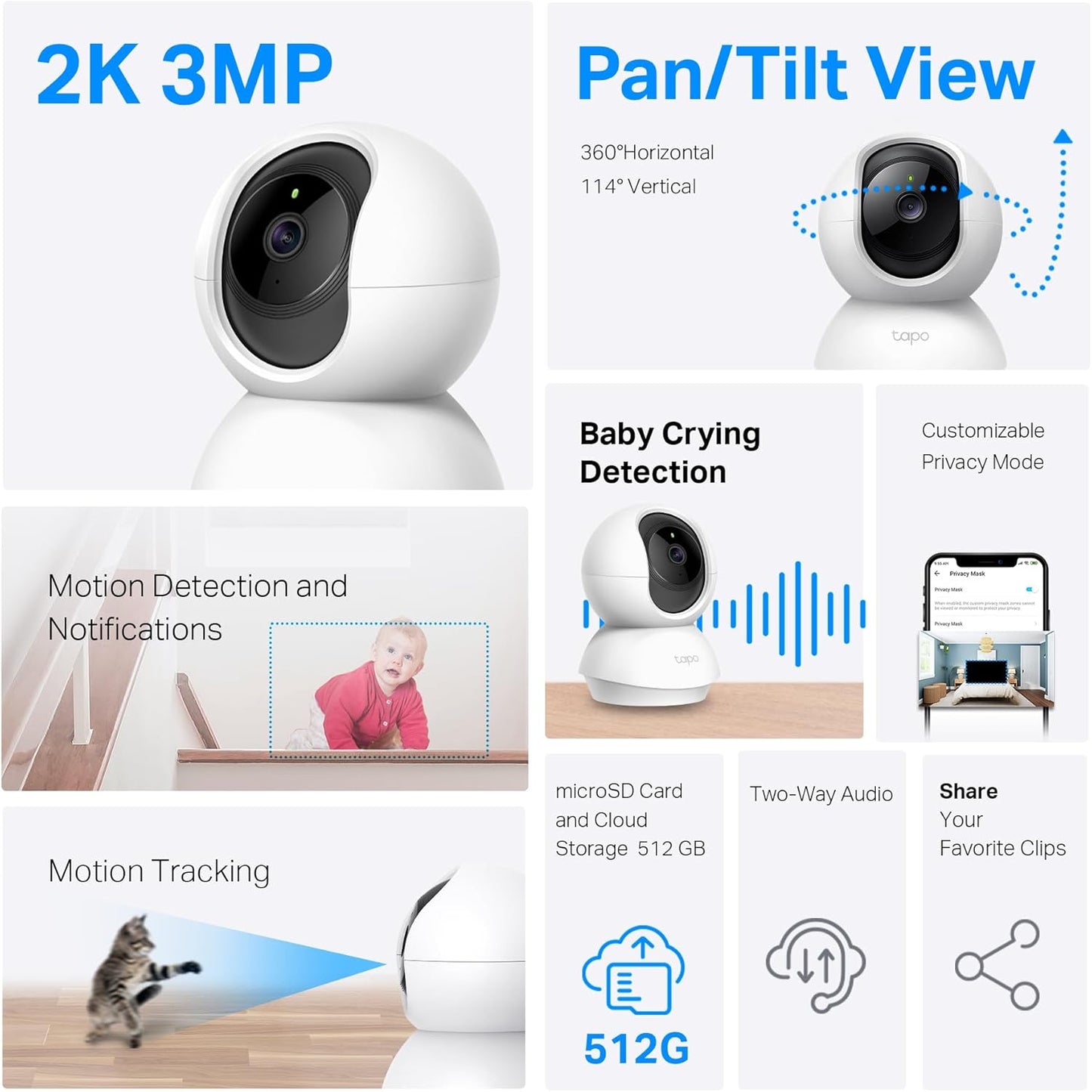 TP-Link Tapo C210P2 2K Pan/Tilt Security Camera, 2-Pack