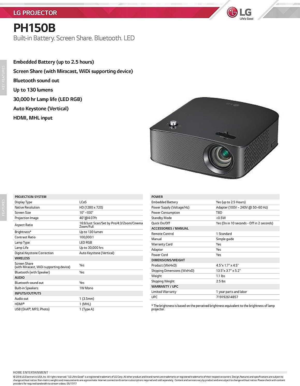 LG PH150B 720p Wireless Portable Projector