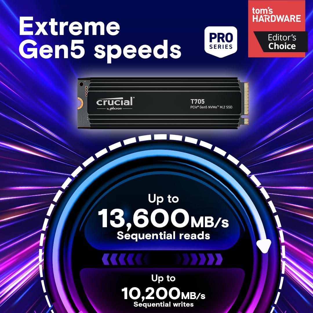 Crucial CT1000T705SSD5 1TB Gen5 NVMe M.2 SSD Heatsink