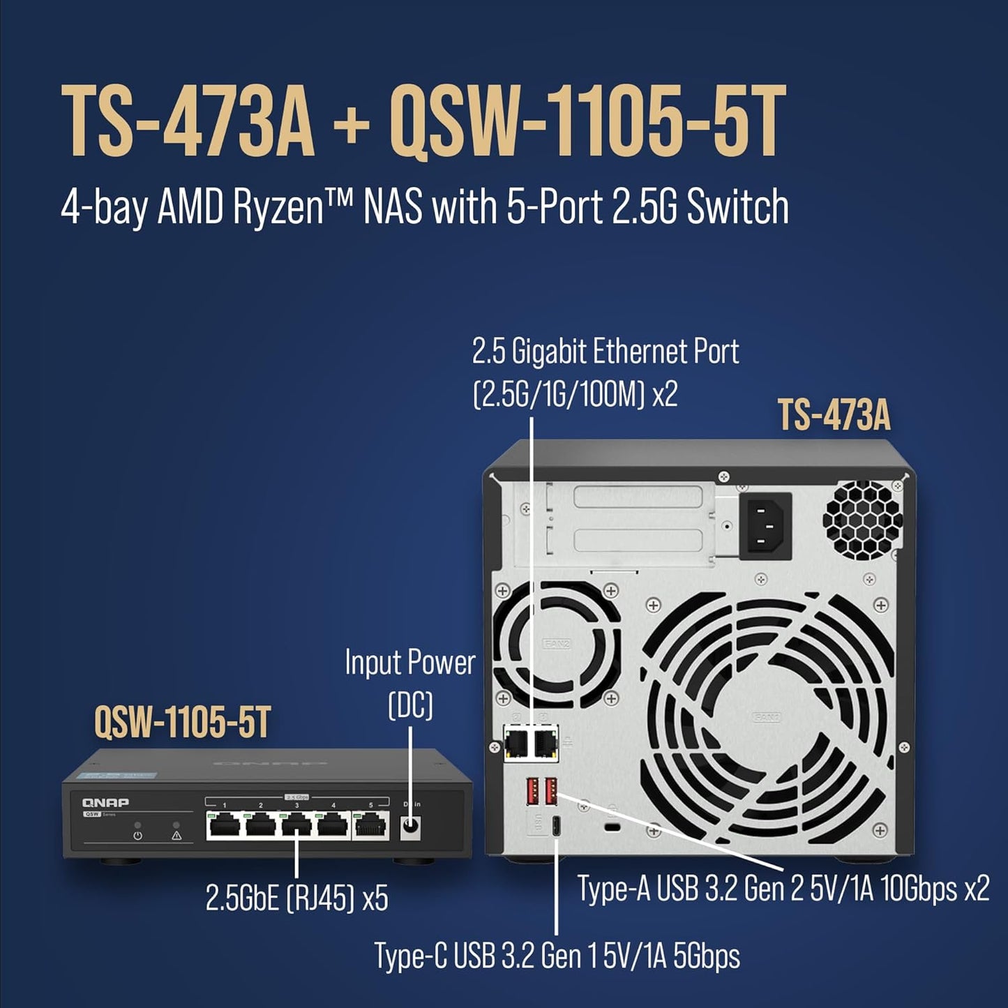 QNAP TS-473A-SW5T-US 4-Bay NAS + 2.5GbE Switch