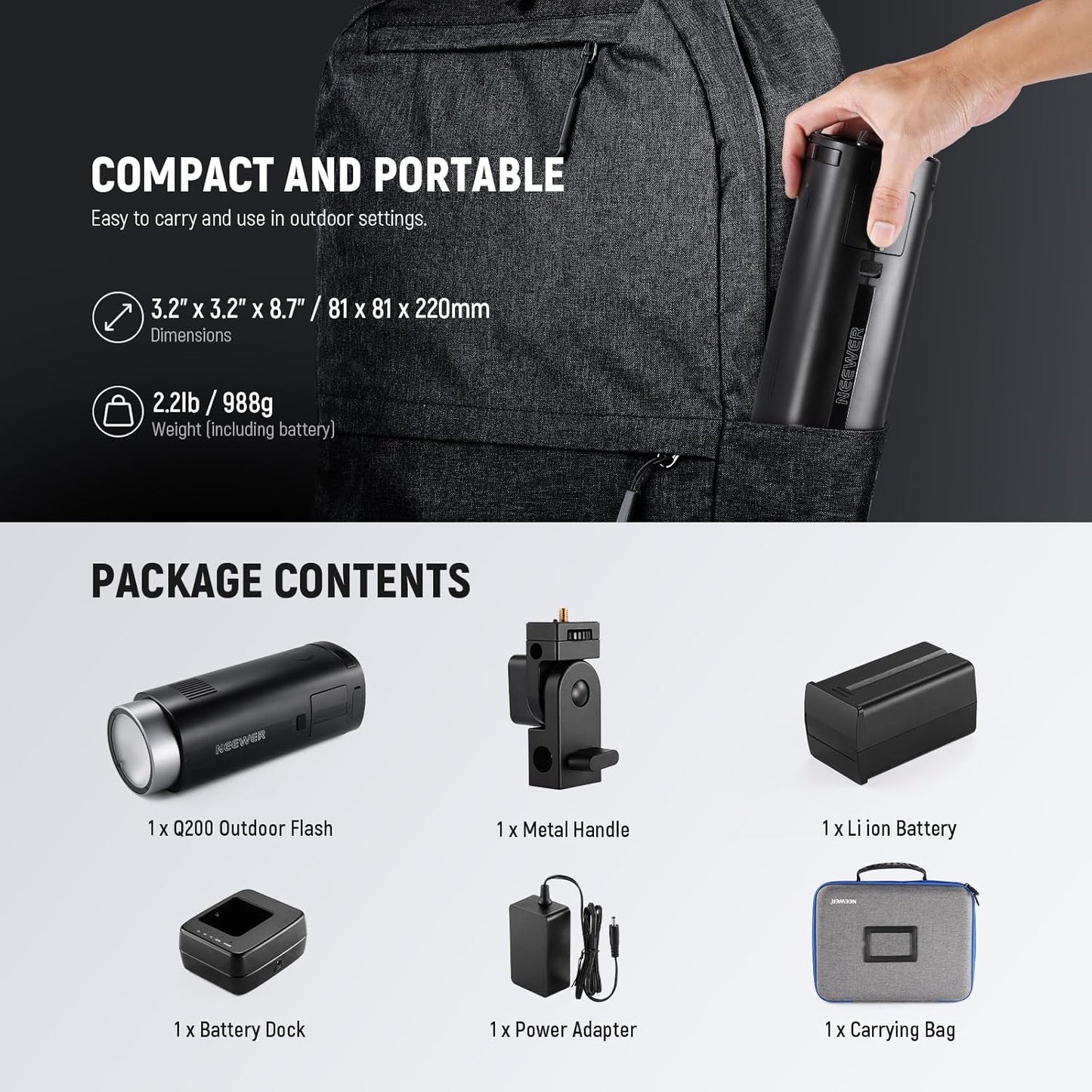 Neewer Q200 200Ws Outdoor Flash Strobe - Battery Powered Monolight