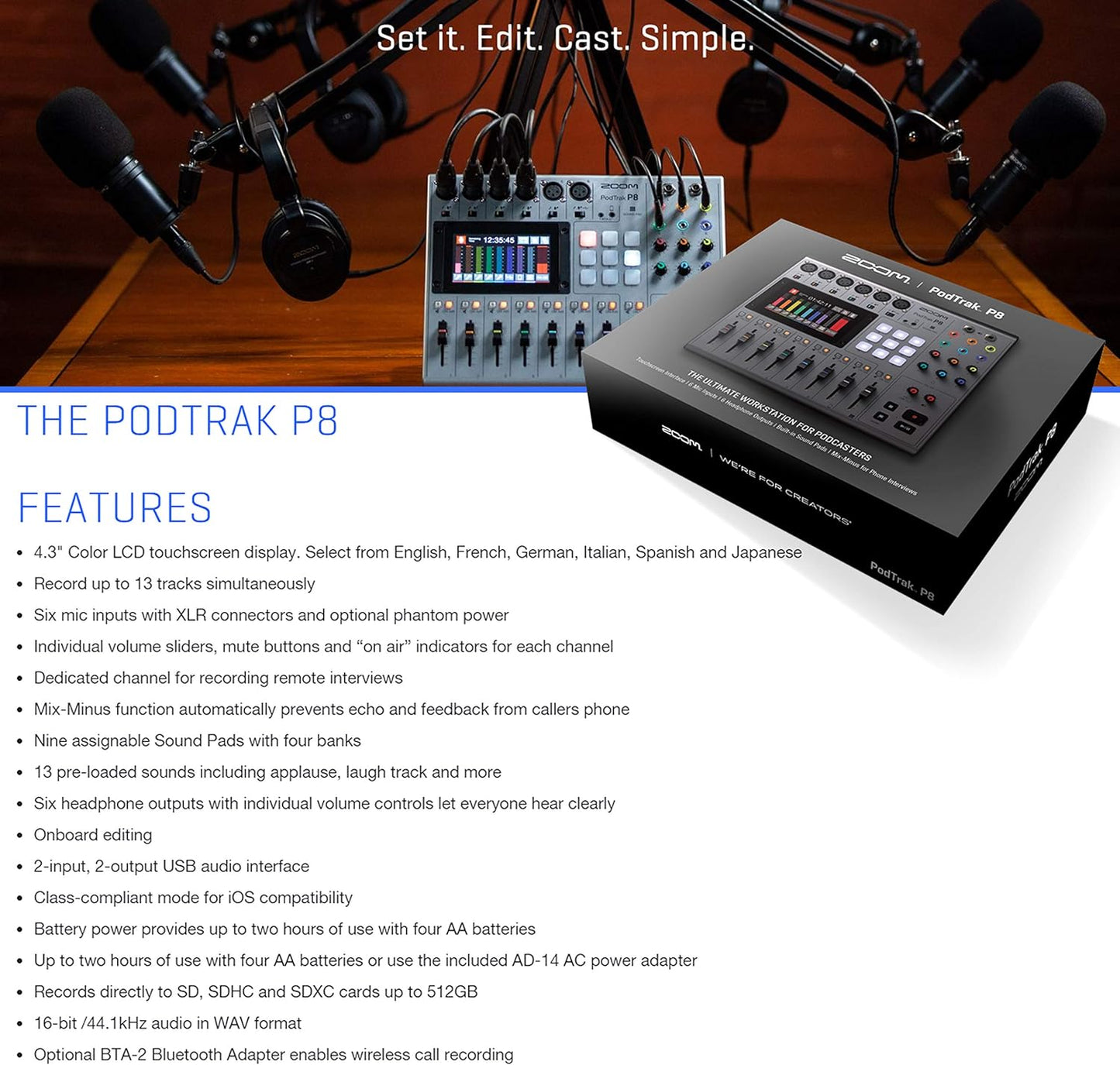 Zoom ZP8 K7 PodTrak P8 Podcast Recorder Bundle