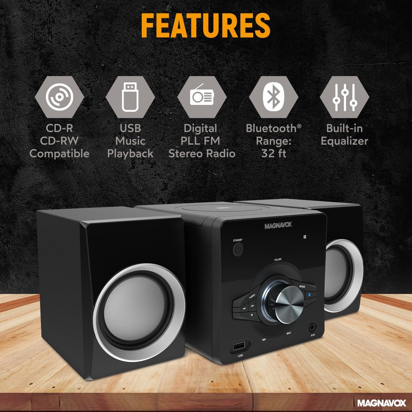 Magnavox MM442 3-Piece CD Shelf System Bluetooth Black