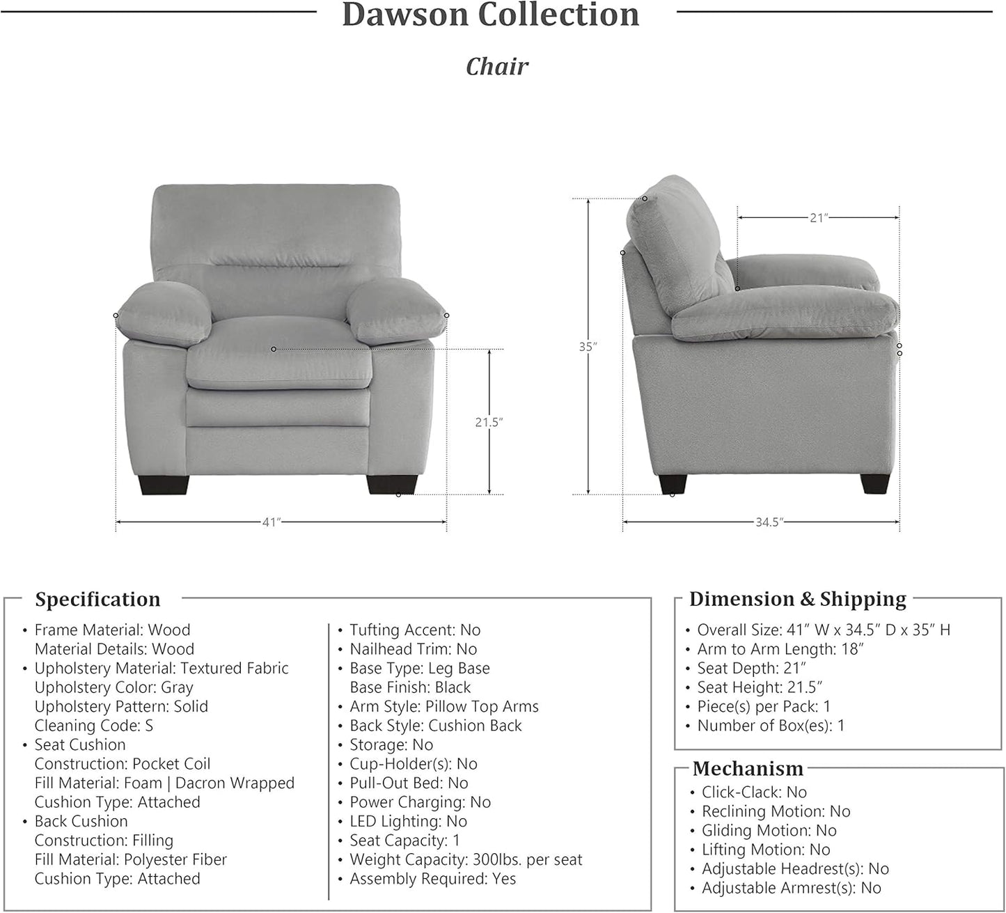 Lexicon Living Room Furniture Set: Sofa, Loveseat, Chair - Gray