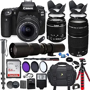 Canon 90D EOS Rebel DSLR Camera 18-55mm Lens Bundle