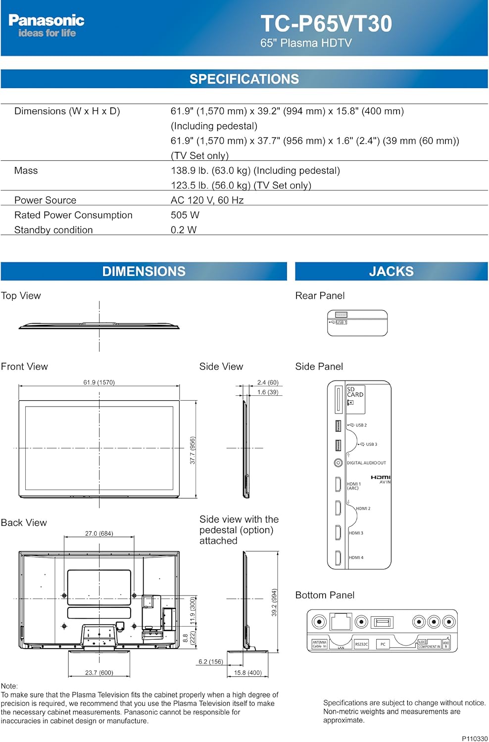 Panasonic VIERA TC-P65VT30 65" 3D Plasma HDTV
