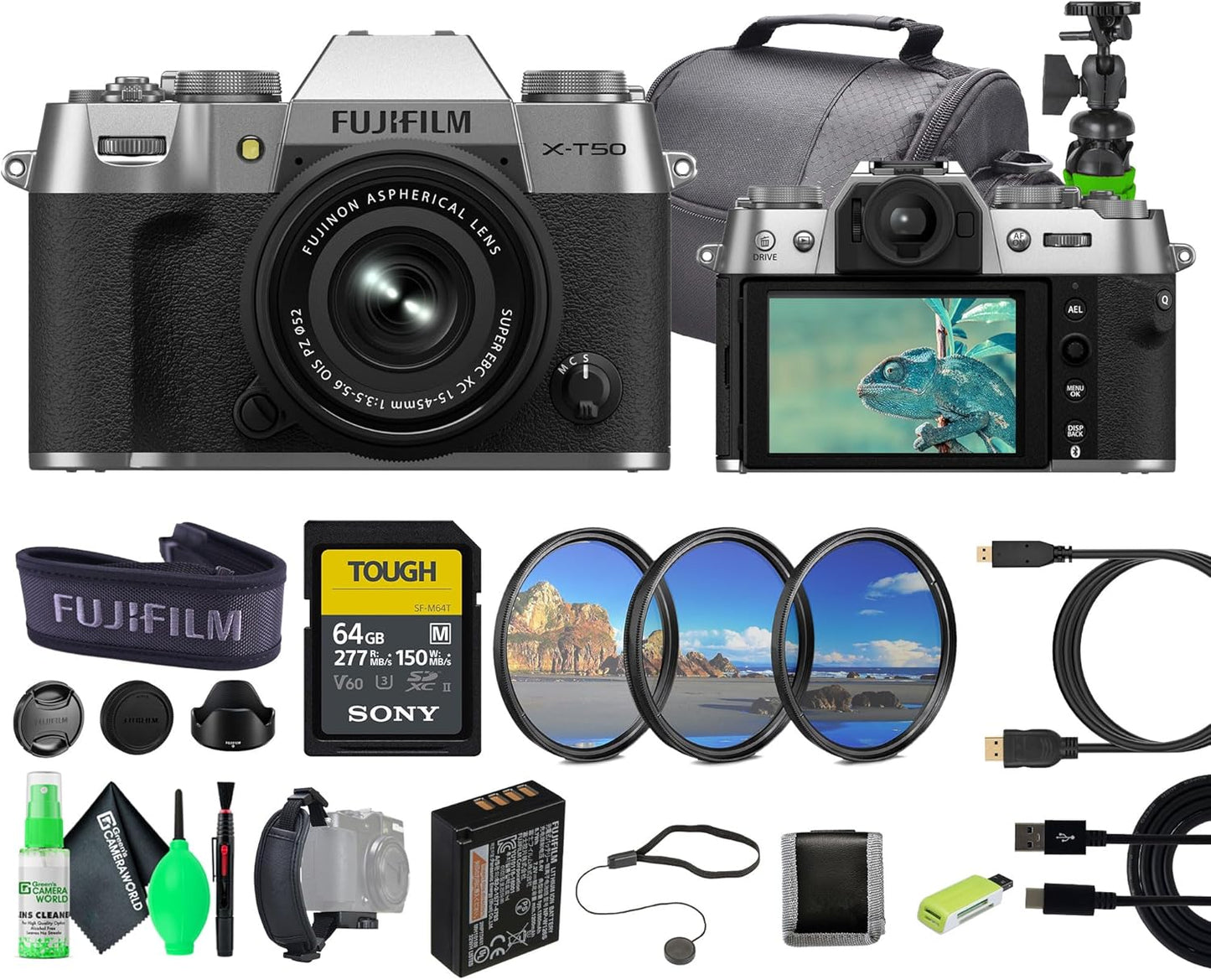 Fujifilm X-T50 X-T50 Camera with XC15-45mm Lens & Accessories Bundle - Silver