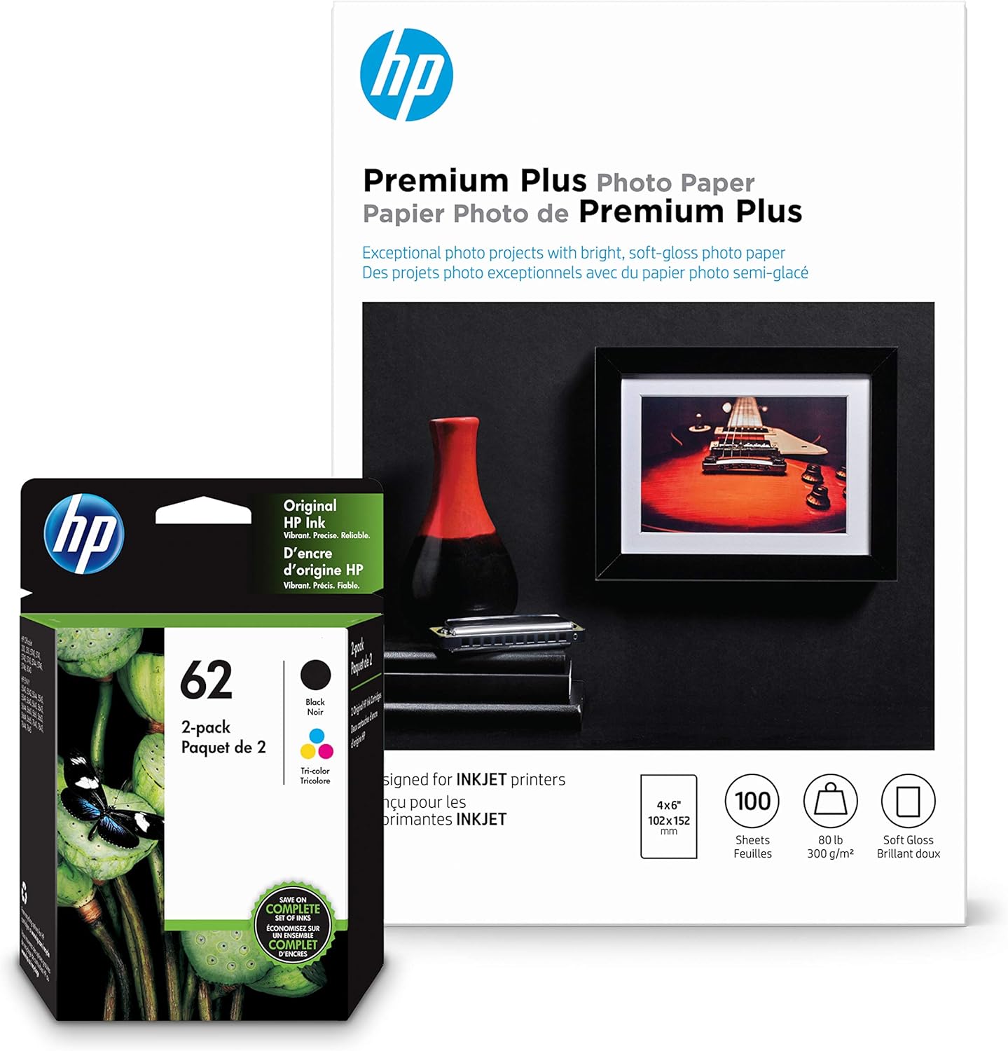 HP 62 Black & Tri-Color Ink Premium Photo Paper