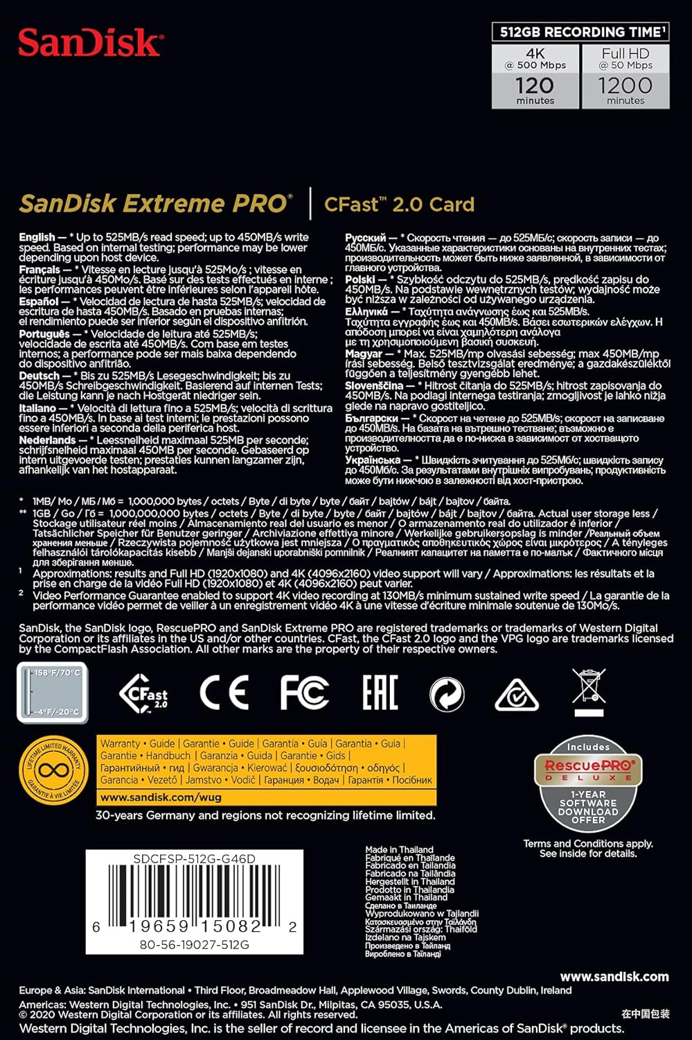 SanDisk SDCFSP-512G-G46D 512GB Extreme PRO CFast 2.0 Card