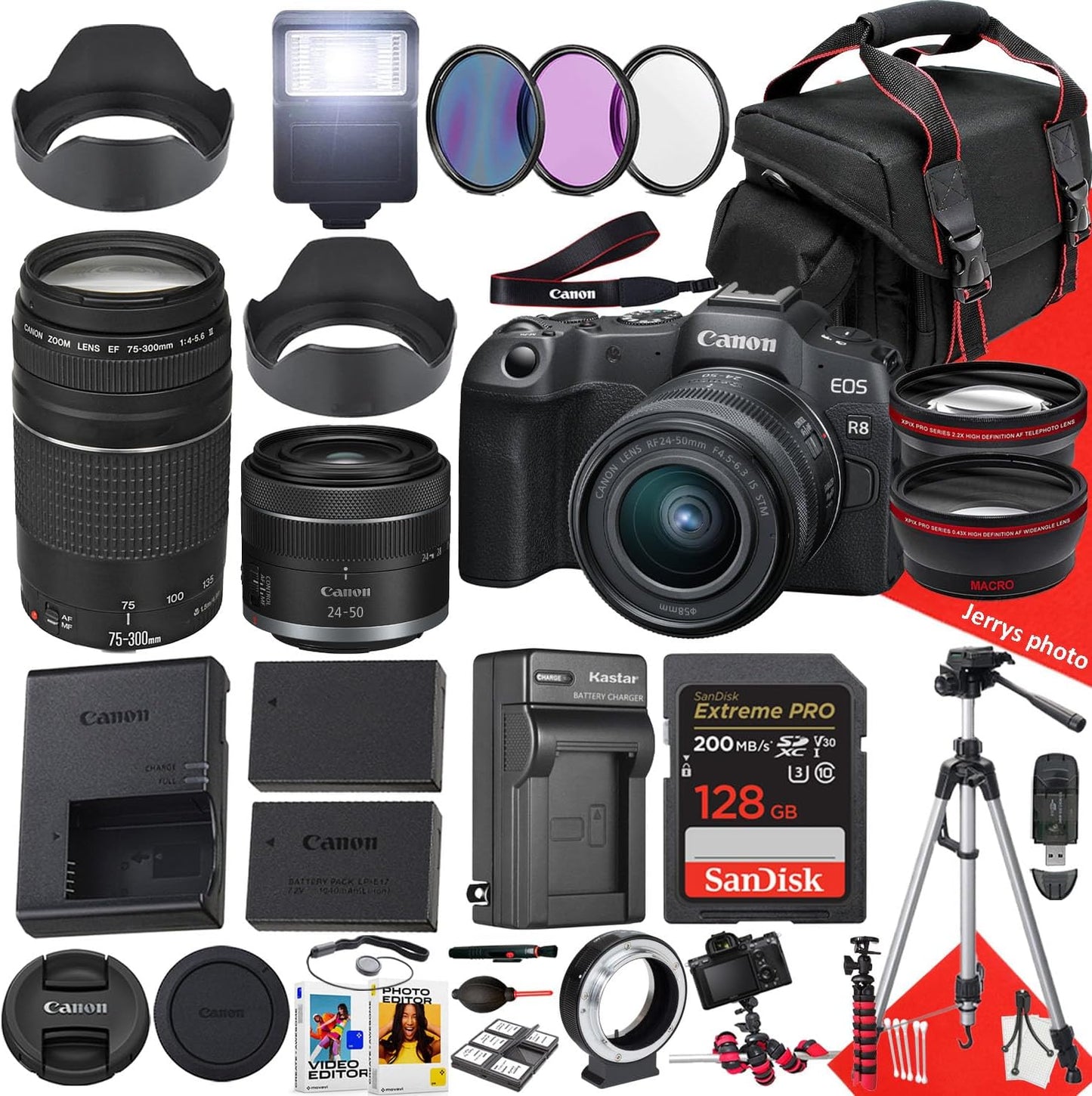 Canon R8 Mirrorless Camera 24-50mm + 75-300mm Lens Bundle (Renewed)