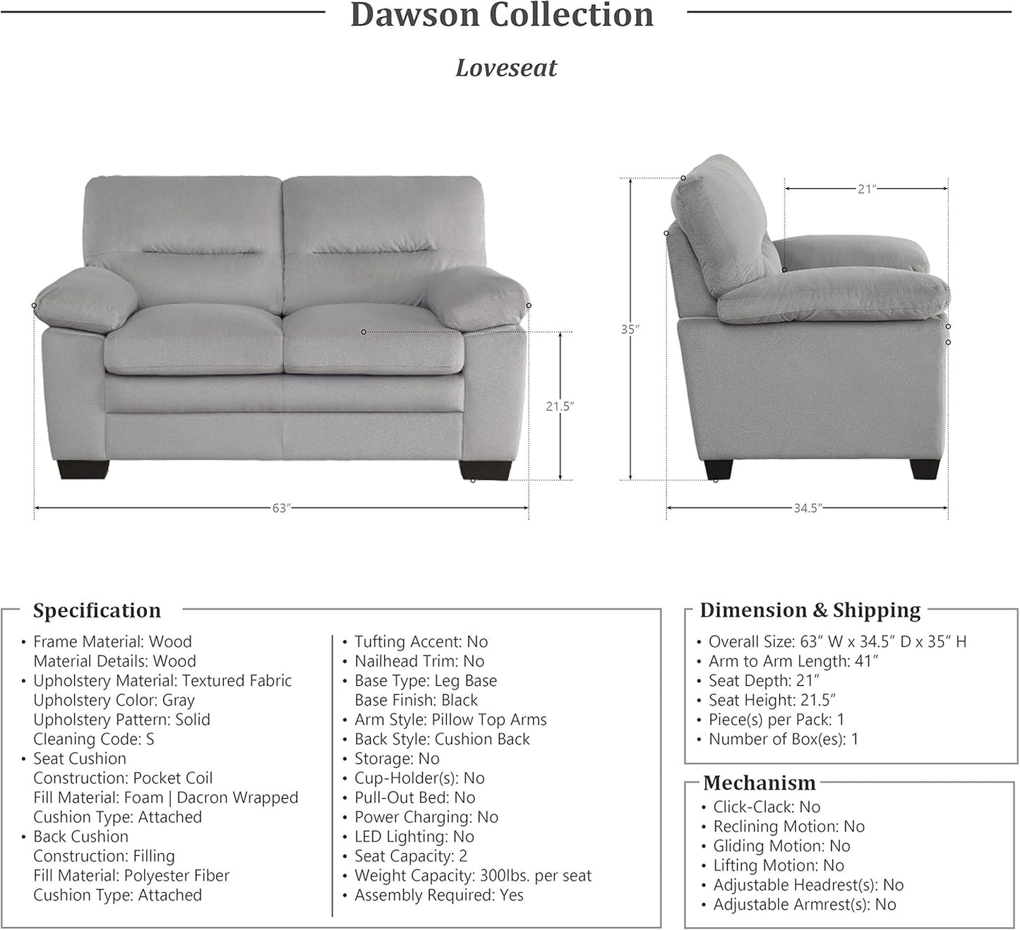 Lexicon Living Room Furniture Set: Sofa, Loveseat, Chair - Gray