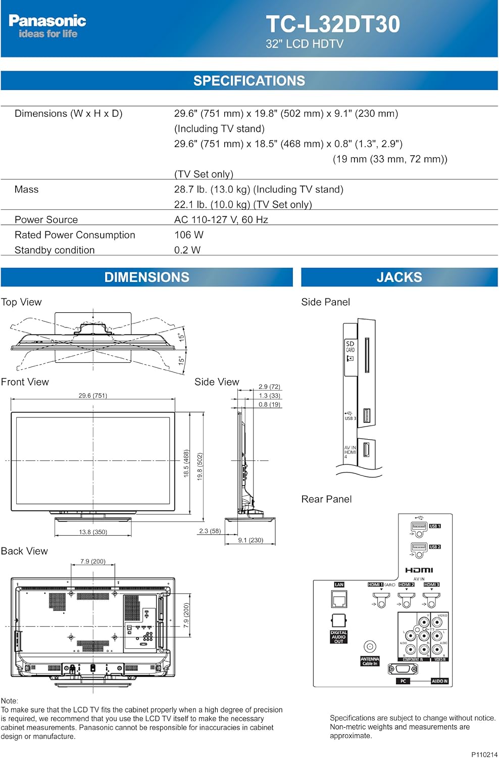 Panasonic TC-L32DT30 32-Inch 1080p 3D LED HDTV