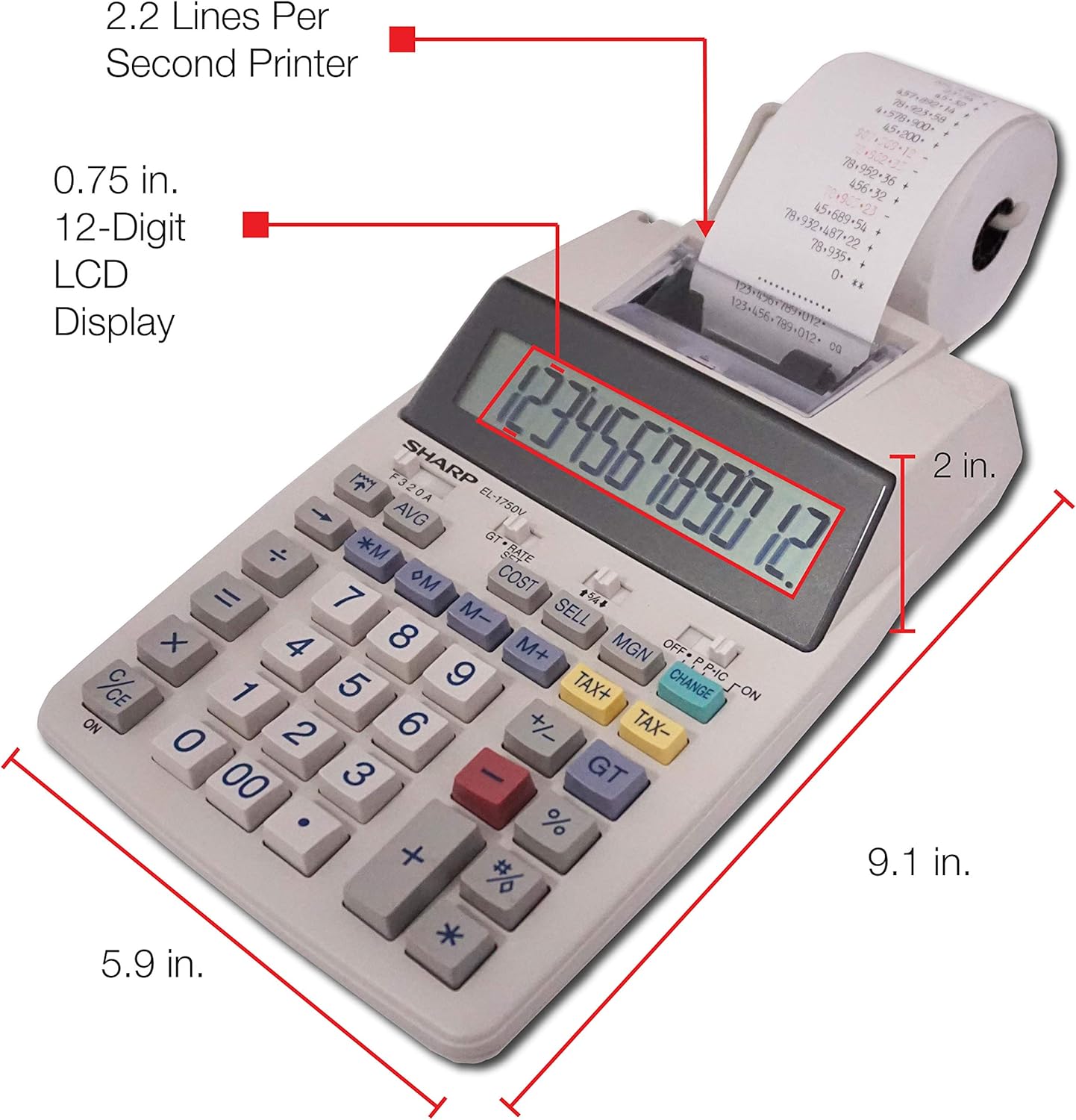 Sharp EL-1750PIIGY 12-Digit Printing Calculator - Desktop