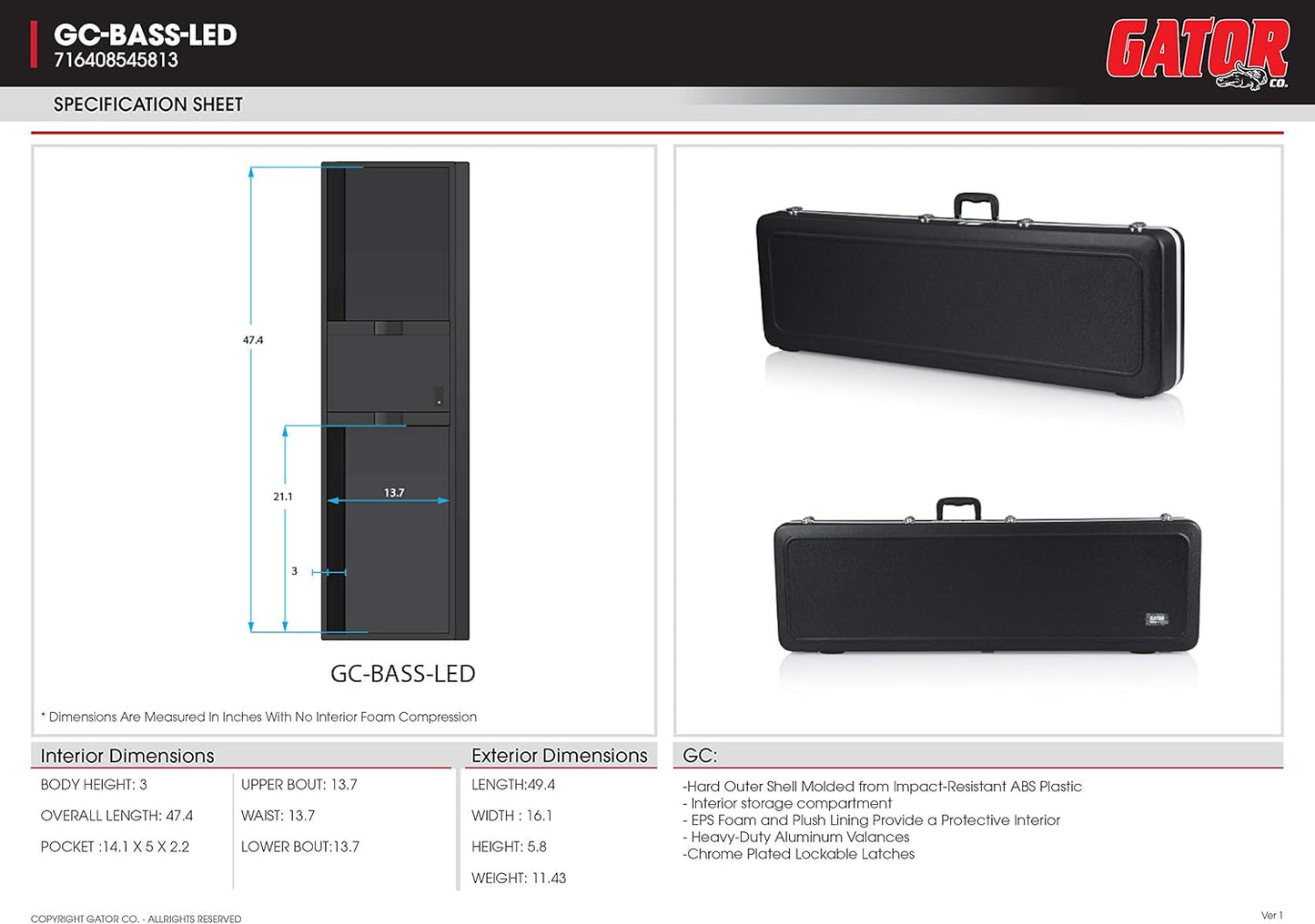 Gator Cases GC-BASS-LED ABS Bass Guitar Case with LED