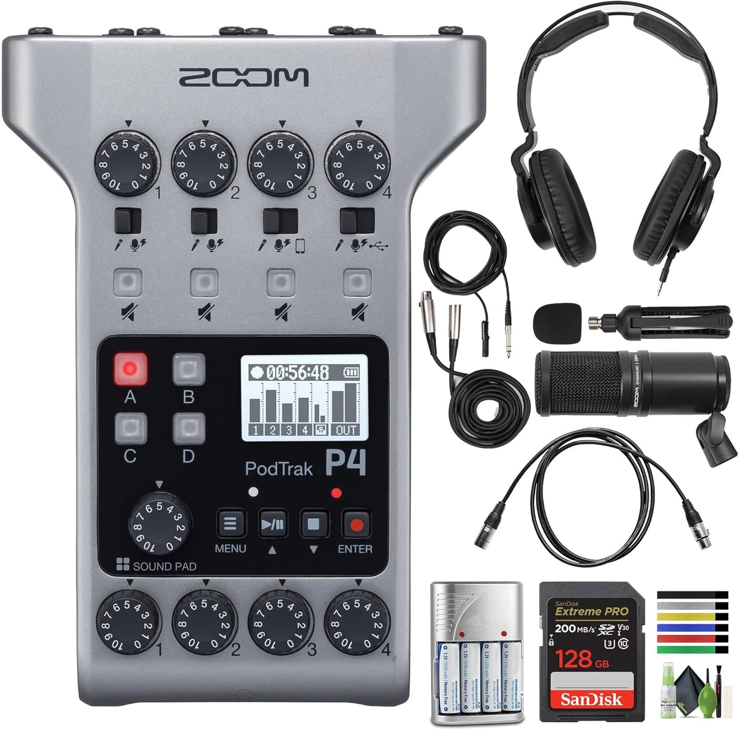 Zoom PodTrak P4 Portable Podcast Recorder Bundle