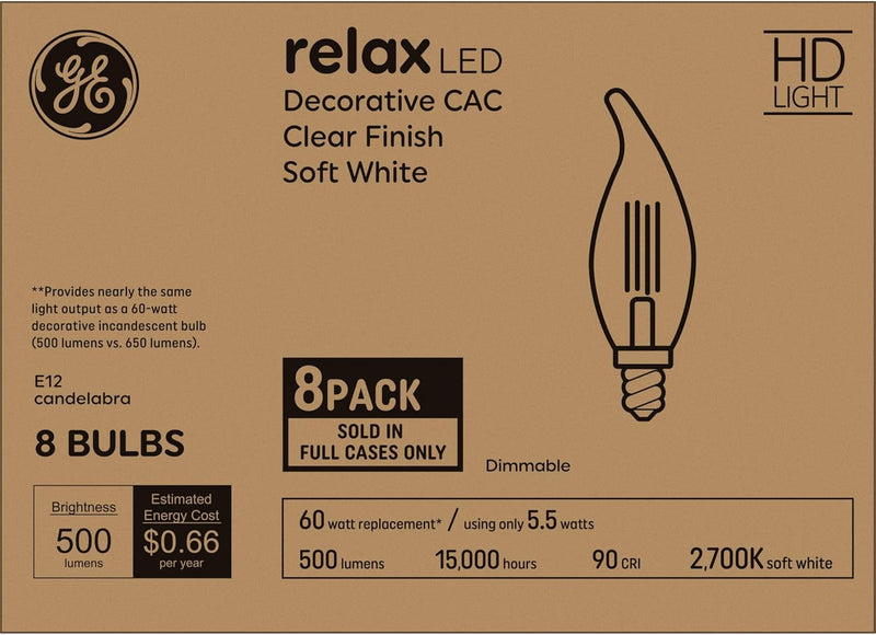 GE 93129920 Relax LED 60W Soft White Candle Bulb 8-Pack — main product image