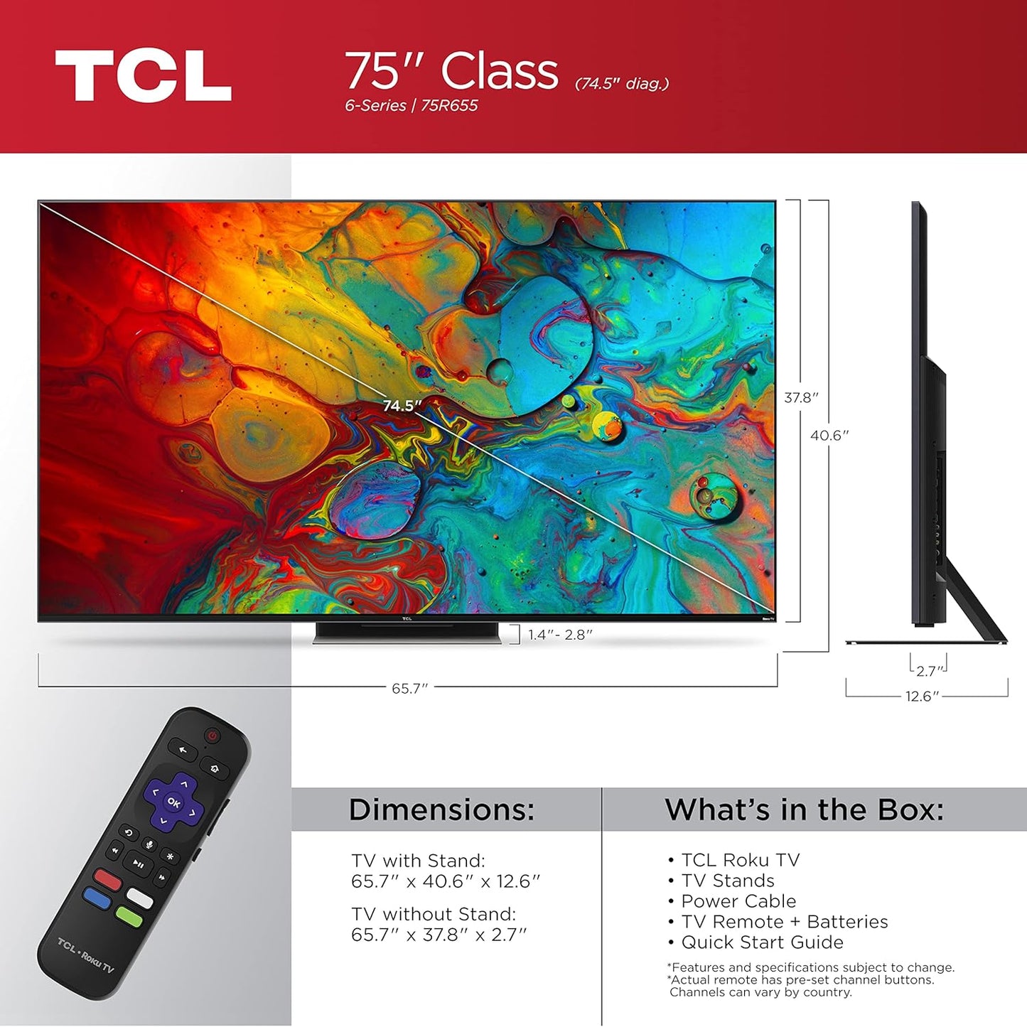TCL 75R655 75-Inch 6-Series Mini-LED 4K Roku TV