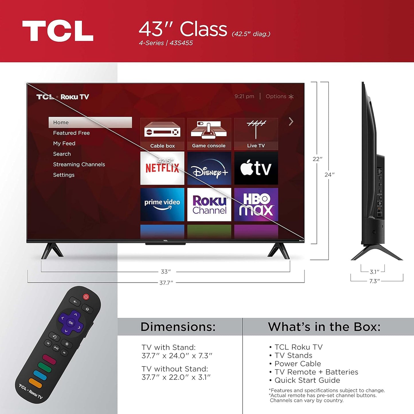 TCL 43S455 43-Inch 4K UHD HDR Smart Roku TV