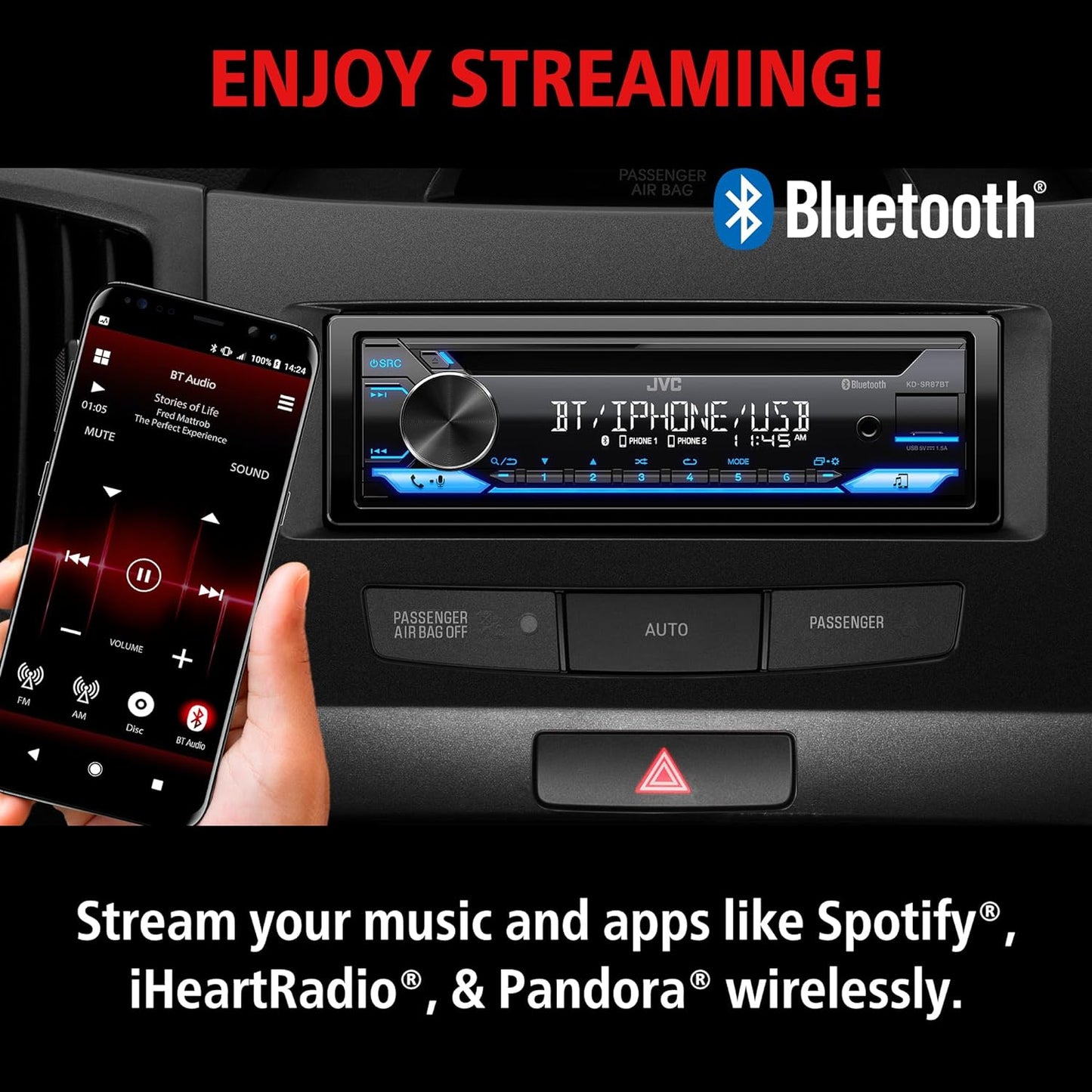 JVC KD-SR87BT Bluetooth CD Car Stereo Receiver - USB, 13-Band EQ