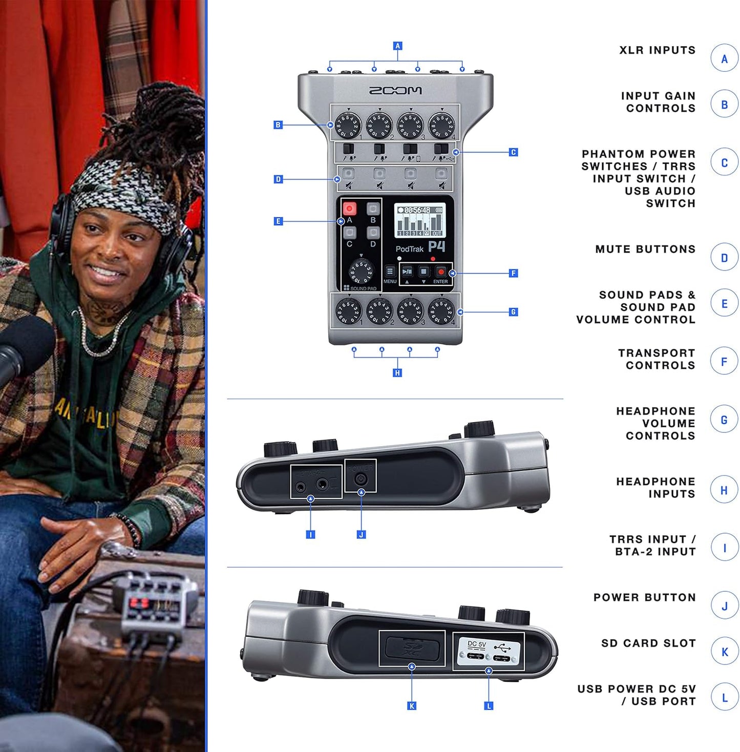 Zoom P4 K12 PodTrak Portable Podcast Recorder Bundle