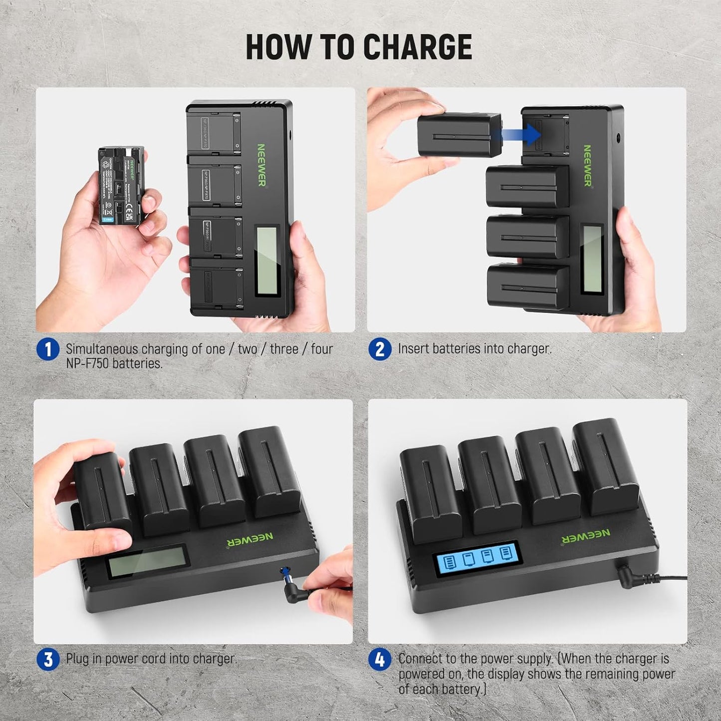Neewer DF-F750 NP-F750 Battery 4-Pack Charger Kit