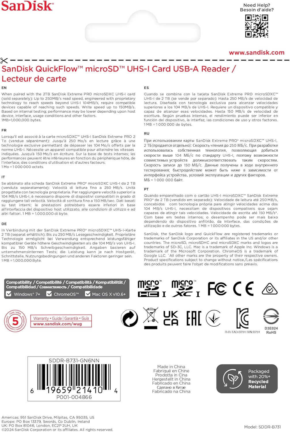 SanDisk SDDR-B731 QuickFlow MicroSD UHS-I USB Reader