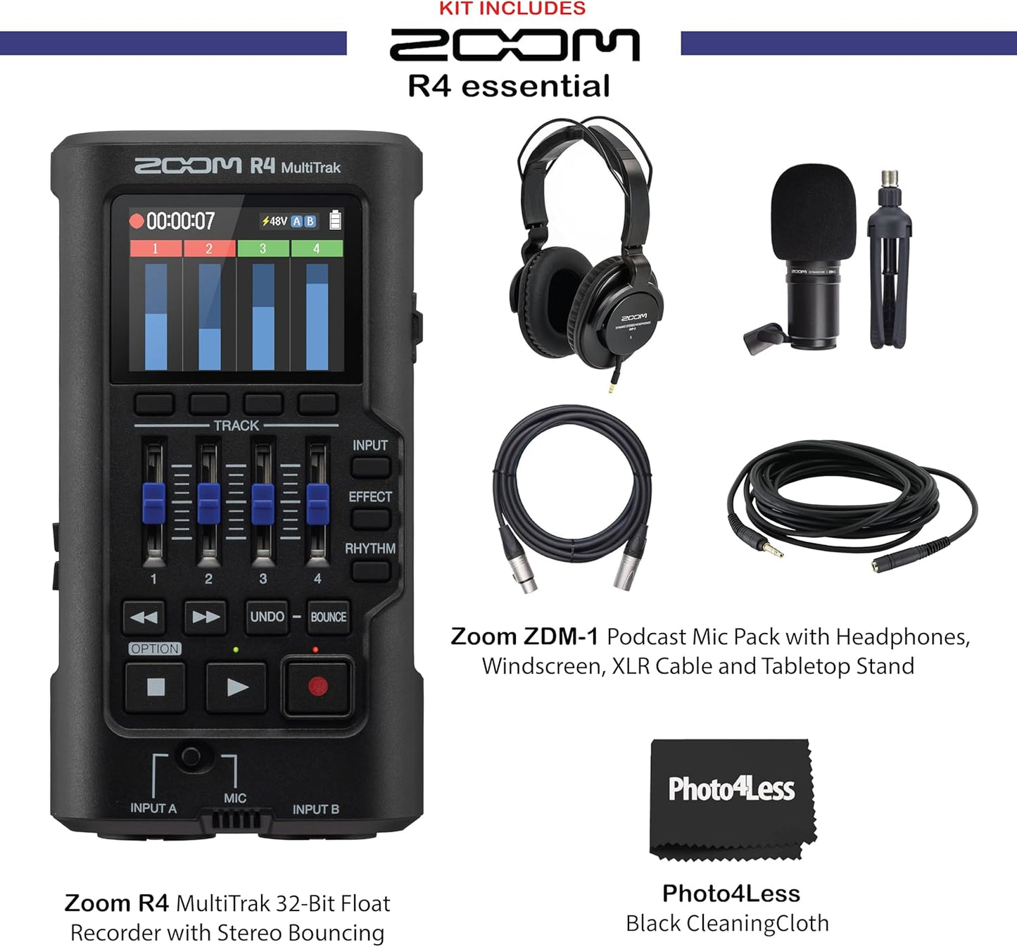 Zoom R4 MultiTrak Recorder Podcast Mic Headphones Bundle