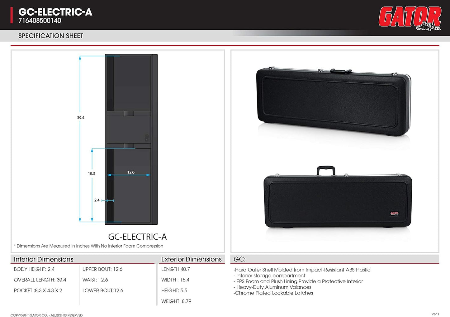 Gator Cases GCELECTRICA Deluxe ABS Electric Guitar Case