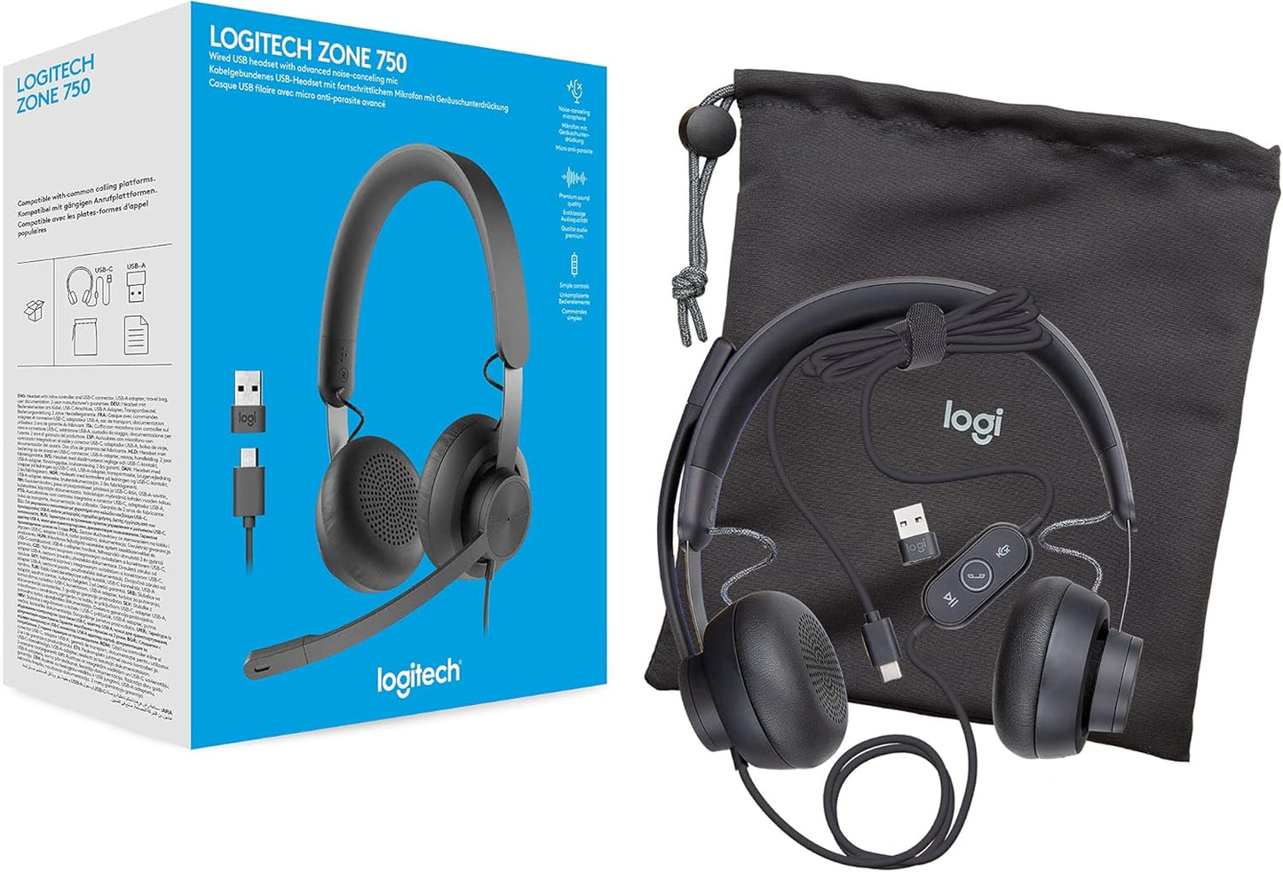 Logitech 981-001229 Zone 750 Wired Headset Noise Cancelling Mic